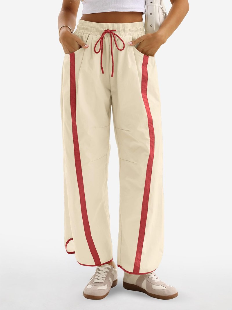 TWQTWQ Women's Wide Leg Track Pants Baggy Drawstring High Rise Side Striped Casual Lightweight Parachute Pants with Pockets(Red,Medium)