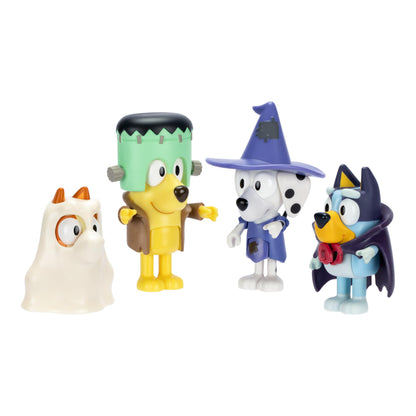 Bluey Figure 4-Packs, Halloween, 2.5 Inch Poseable Figures of Bluey, Bingo, Chloe and Lucky Dressed In Halloween Costumes, With Accessories