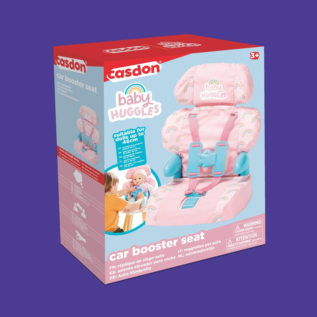 Casdon Baby Huggles Toys. Pink Booster Seat. Car Seat For Dolls with Adjustable Headrest and Buckles. Fits Dolls Sizes Up to 35cm. Suitable for Preschool Toys. Playset for Children Aged 3+