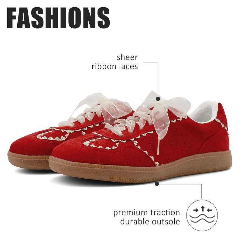 UBWDU Fashion Ballet Sneakers for Women Trendy Cute Ribbon Lace-Up Comfortable Casual Spring Shoes Red Size 9