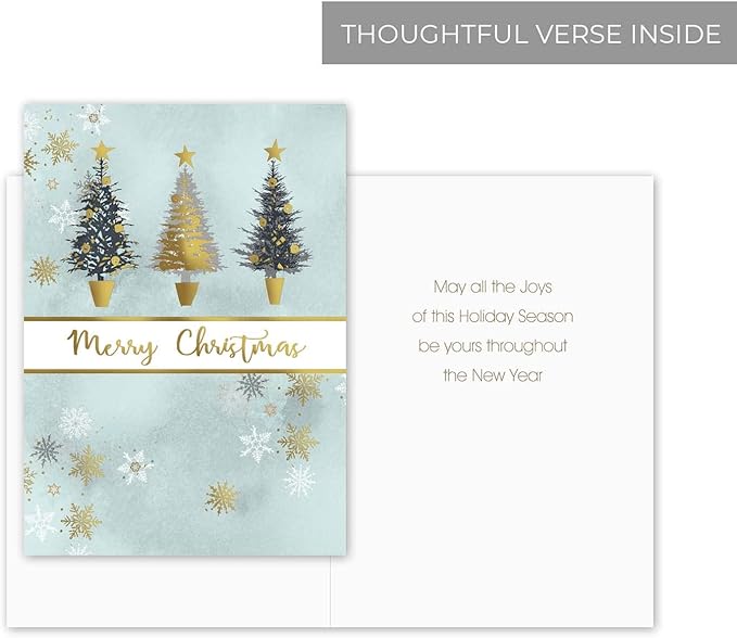 Masterpiece Christmas Tree Trio Gold Foil Holiday Cards / 16 Boxed Winter Holiday Cards With Gold Foil Lined Envelopes / 5 5/8" x 7 7/8" Folded Seasonal Greeting Cards With Inside Verse