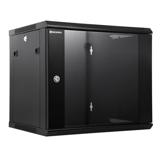 RackPath 9U Wall Mount Network Rack Cabinet – Quiet Cooling Fan, Locking Glass Door, 17.7" Deep (450mm), Removable Locking Side Panels, Fits 19" IT & A/V Equipment