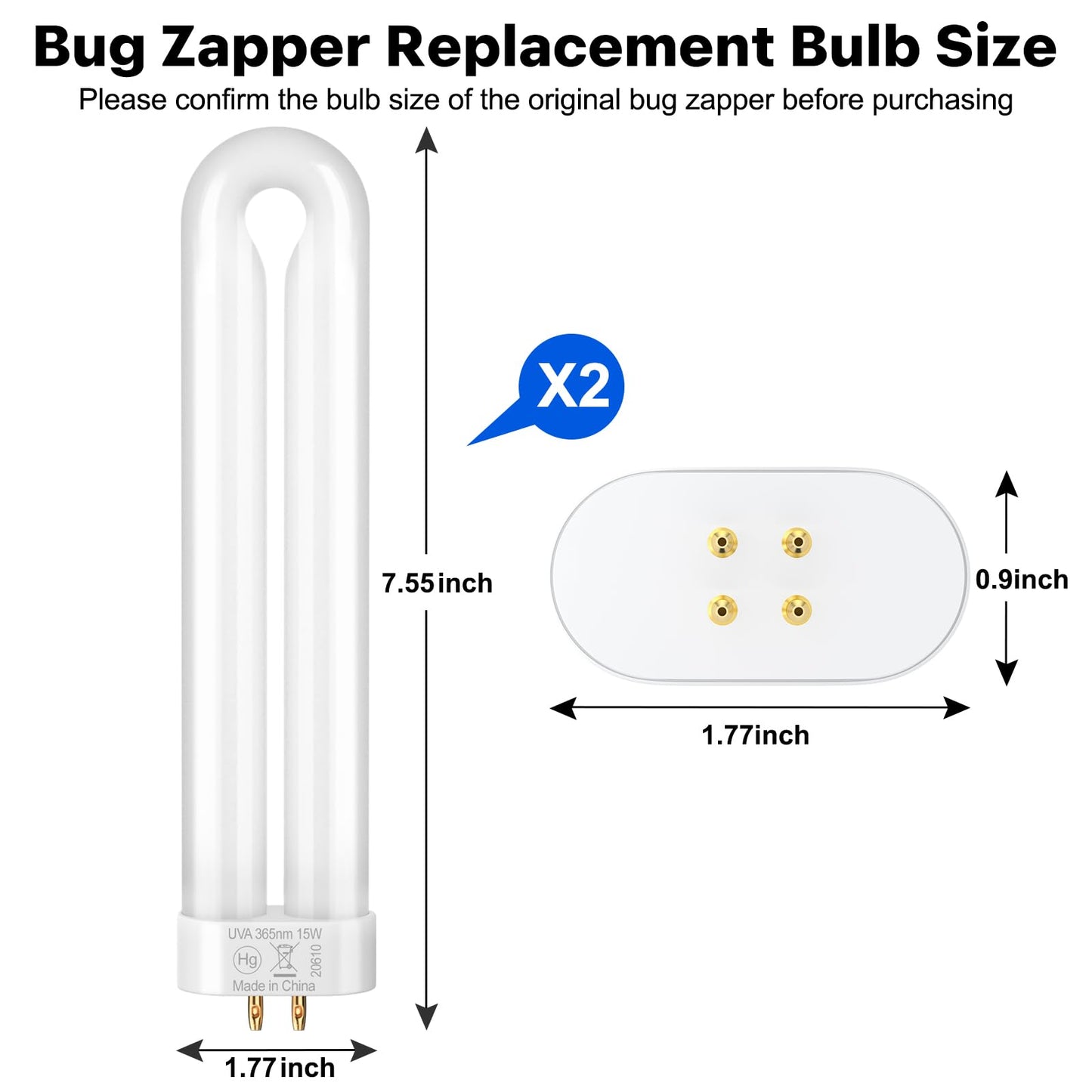 GOOTOP Replacement Bulb for Zap T6 Pro, K15, T9, X3 Bug Zapper Outdoor, 15W, 4-Pin Base, U Shaped Twin Tube Bulb for Outdoor Mosquito Zapper,2 Pack
