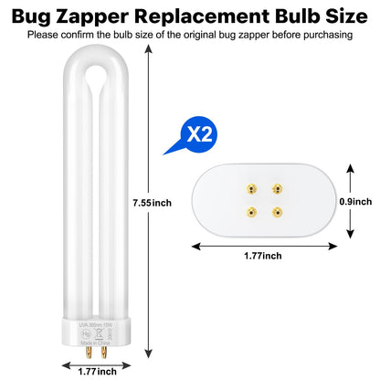 GOOTOP Replacement Bulb for Zap T6 Pro, K15, T9, X3 Bug Zapper Outdoor, 15W, 4-Pin Base, U Shaped Twin Tube Bulb for Outdoor Mosquito Zapper,2 Pack
