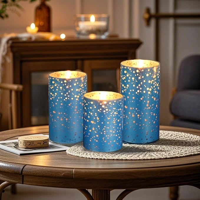 Flameless Blue Mercury Glass LED Pillar Candles with Remote and Timer, Battery Included, Flickering Warm White Light, Set of 3 for Christmas, Holiday, Home Décor, Weddings, Parties