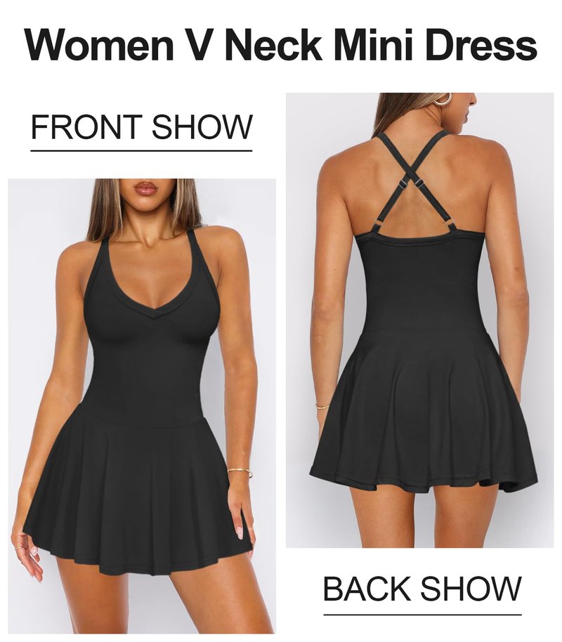 Hragc Women's Sexy V Neck Pleated Flowy Tennis Black Dress for Women Medium Athletic Golf Workou Active Summer Sleeveless Tank Mini Dresses with Shorts Pockets