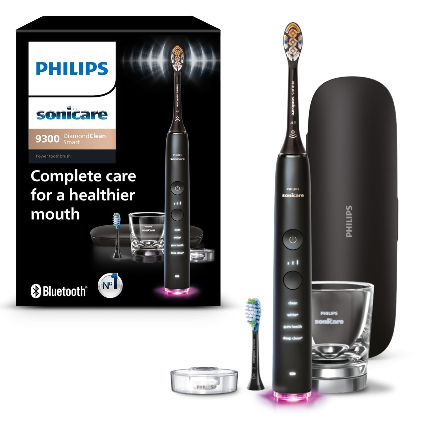Philips Sonicare DiamondClean Smart 9300 Electric Toothbrush, Sonic Toothbrush with App, Pressure Sensor, Brush Head Detection, 4 Brushing Modes and 3 Intensity Levels, White, Model HX9903/05