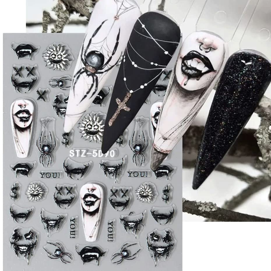 5D Embossed Halloween Nail Art Stickers Day of Death Black Lip Nail Sticker Decal Nail Art Decoration Supplies Horror Spooky Spider Evil Eye Skull Bone Halloween Self-adhesive Nail Design for Women Girls (halloween-1)
