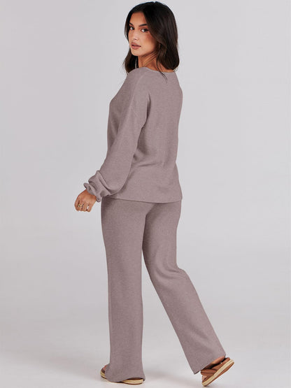 ANRABESS Women 2 Piece Outfits Sweater Lounge Sets Long Sleeve Cable Knit Pullover and Wide Leg Pants Tracksuit Matching Set Medium