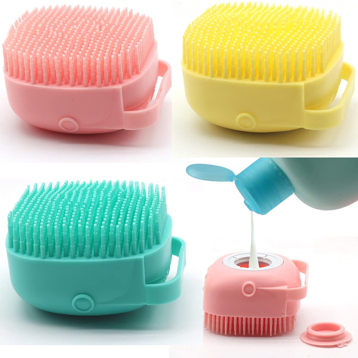 Dog Scrubber for Bath, Pet Grooming Bath Massage Brush with Soap Dispenser for Shower, 3 Pack Silicone Exfoliating Brushes, Soft Body Exfoliator, Bath Loofah for Babies, Kids, Women, Men and Pets