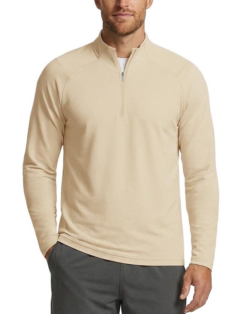 Zengjo Quarter Zip Men Athletic Shirts for Runnig Workout Golf Performance(Beige,Large)