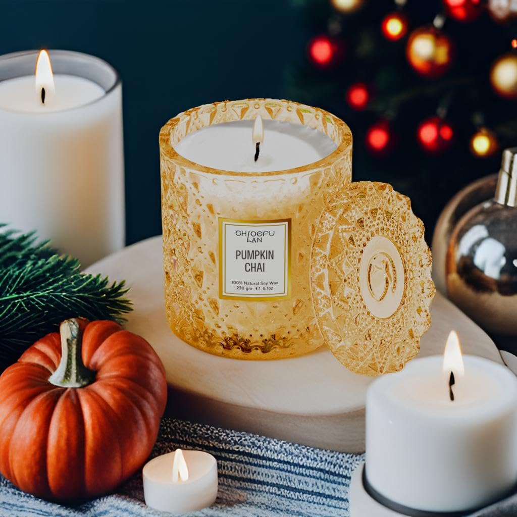 Chloefu LAN Pumpkin Chai Candles Halloween Candle Gift, Farmhouse Candles for Home, Luxury Scented Soy Jar Fall Candle with up to 55 Hour Long Lasting, Home Decor, Barn Fall Decor Pottery, 8.1oz
