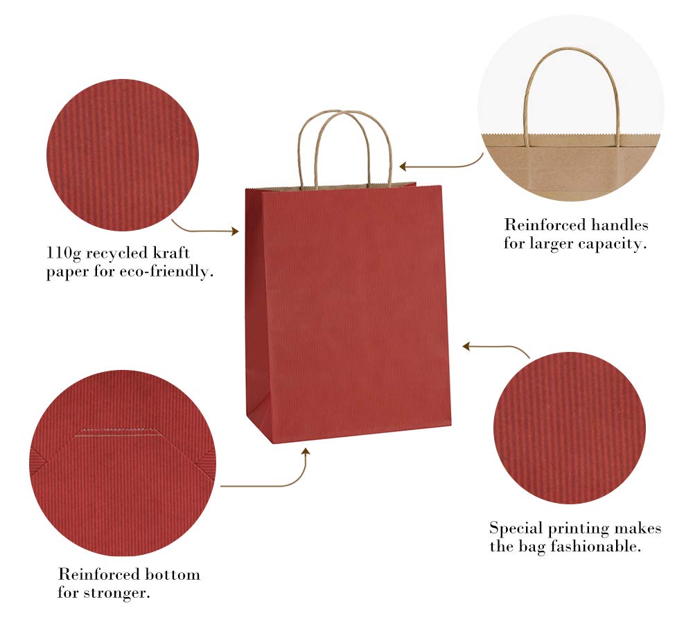 BagDream Gift Bags 8x4.25x10.5 Inches 25Pcs Red Kraft Paper Gift Bags with Handles Bulk, for Retail, Merchandise, Shopping, Recycled Paper Sacks