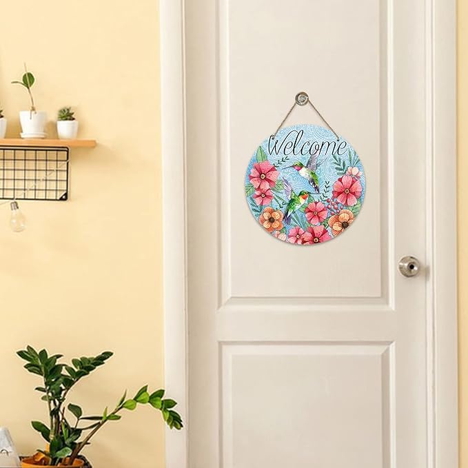Deroro Welcome Spring Hummingbird Birds Sign for Front Door Decor, Floral Flowers Wood Door Hanger for Outdoor Outside Porch, Seasonal Summer Farmhouse Wooden Wreath Indoor Wall Hanging Decoration