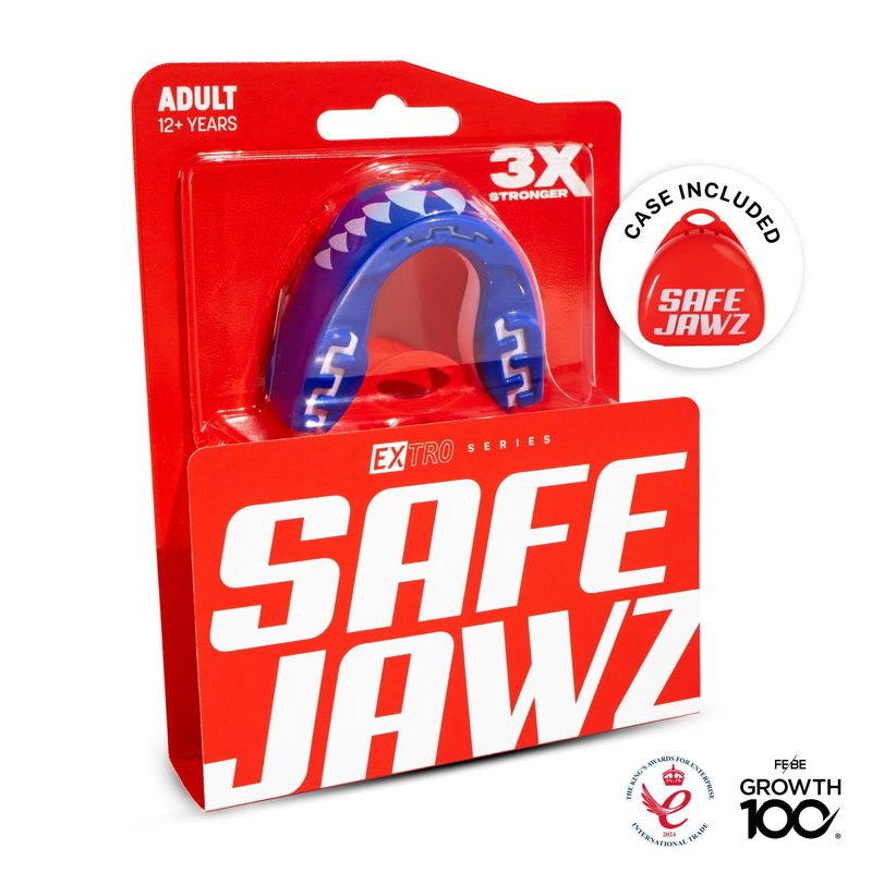 SAFEJAWZ Mouth Guard, Dual Layer Mouthguard for Adults with Case, Easy Fit Remoldable Mouthpiece for Football, Boxing, Lacrosse, MMA, Basketball & All Contact Sports (Adult 12+ Years, Shark Blue)