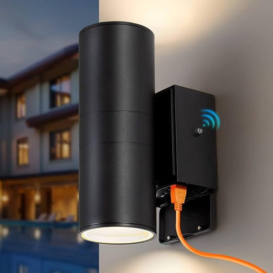KIZON Outdoor Light with Outlet, Dusk to Dawn Outdoor Lighting, Matte Black Exterior Light Fixture Cylinder, Alunmium Anti Rust Up and Down Lights for House Porch Garage