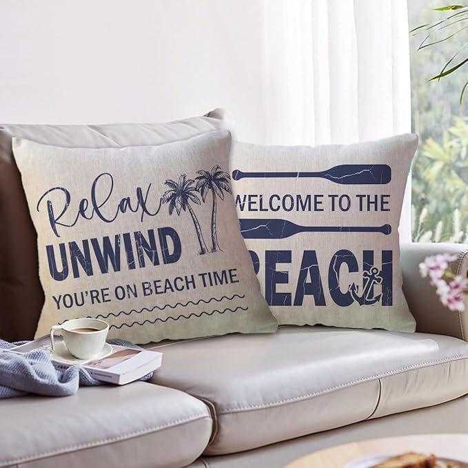 ULOVE LOVE YOURSELF Coastal Beach Throw Cushion Covers Double-Sided Tropical Palm Paddles Anchor Starfish Summer Beach House Decorative Pillowcase 18 x 18 Inch 4Pack Porch Patio Decor (Blue)