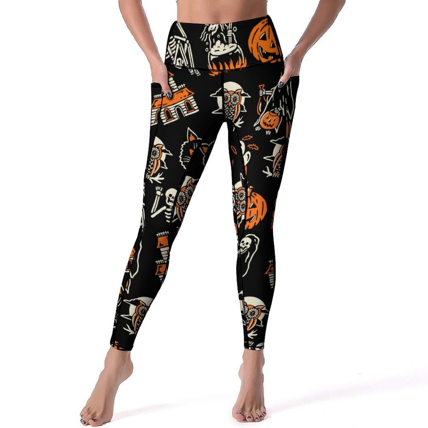 QIVICIMA Women High Waist Workout Leggings Halloween Printed Gym Athletic Tummy Control Yoga Pants with Pockets 1 A9 Halloween M