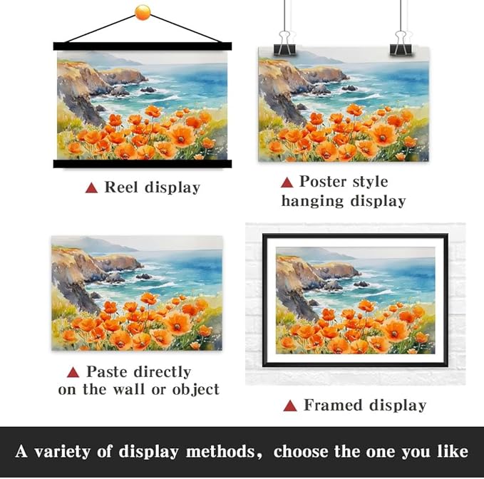 Yesad Poppies Wall Art, California Landscape Canvas Wall Art Poppy Poster Coastal Wall Art Flower Pictures Farmhouse Wall Décor for Living Room Bedroom (Unframed,12”x8”, Poppy2)