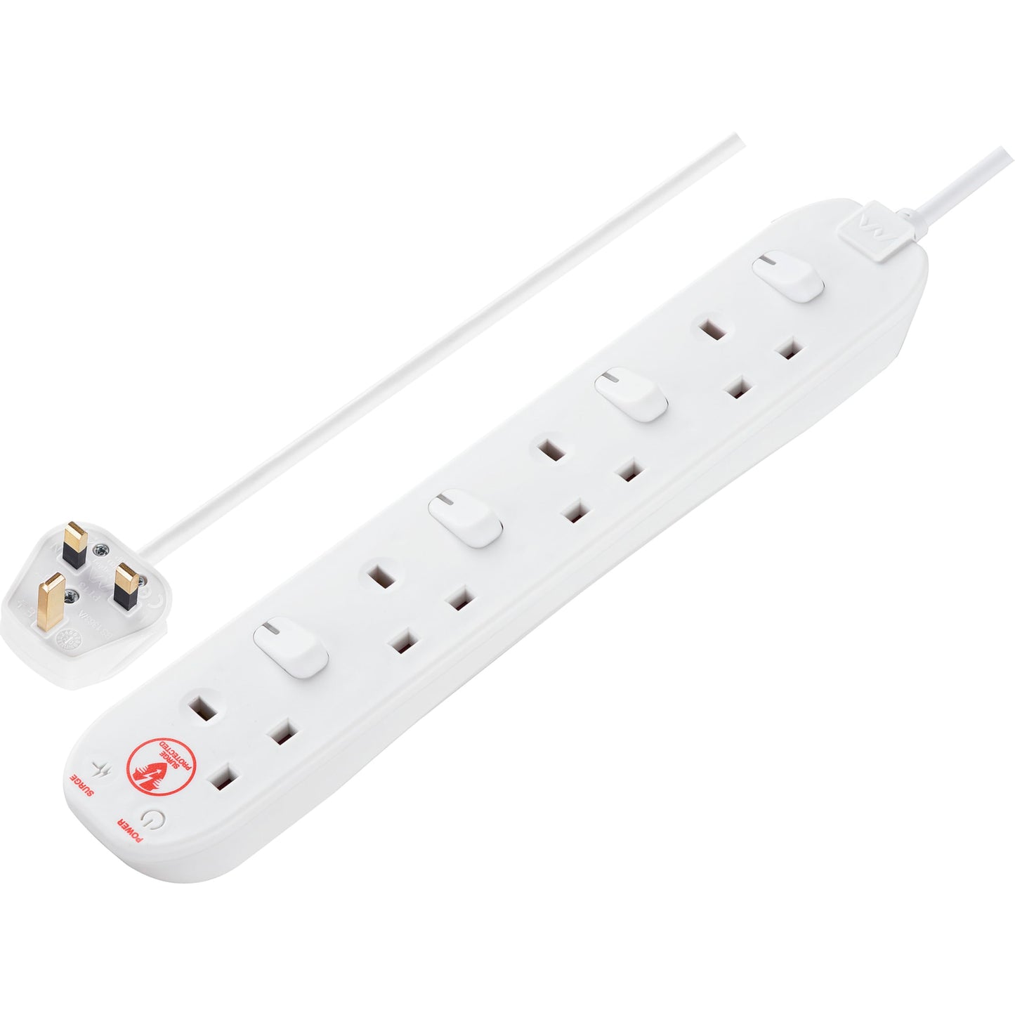 Masterplug Four Socket Extension Lead, Surge Protection, Individual Switches, Power and Surge LED Indicators, 2 Metre Cable, 4-Way Plug Extension Cable, Power Strip, White, 13A, 4G, 2m, SWSRG4210N