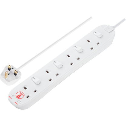 Masterplug Four Socket Extension Lead, Surge Protection, Individual Switches, Power and Surge LED Indicators, 2 Metre Cable, 4-Way Plug Extension Cable, Power Strip, White, 13A, 4G, 2m, SWSRG4210N