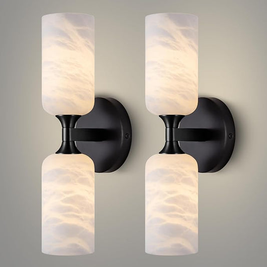 Alabaster Wall Sconce Set of 2, 14in Modern Spanish Natural Marble Bathroom Vanity Sconces, Indoor Black Wall Lighting Fixtures Decor for Bedroom Living Room Staircases