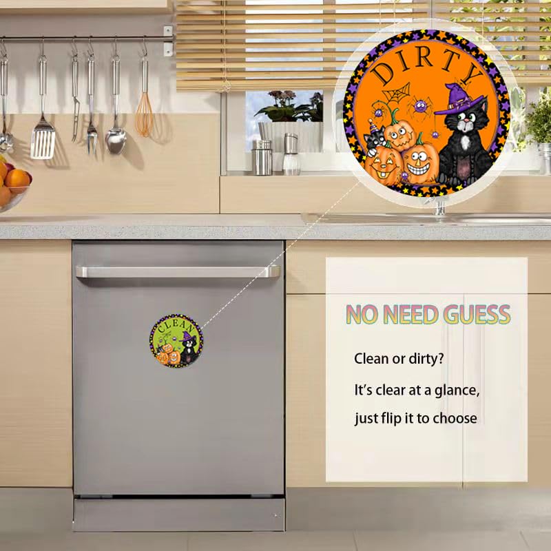 Dishwasher Magnet,Clean Dirty Sign Indicator- Double Sided Magnet with Magnetic Plate, Kitchen Dish Washer Refrigerator Reversible Indicator Haloween Cat