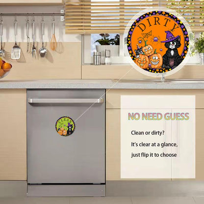 Dishwasher Magnet,Clean Dirty Sign Indicator- Double Sided Magnet with Magnetic Plate, Kitchen Dish Washer Refrigerator Reversible Indicator Haloween Cat