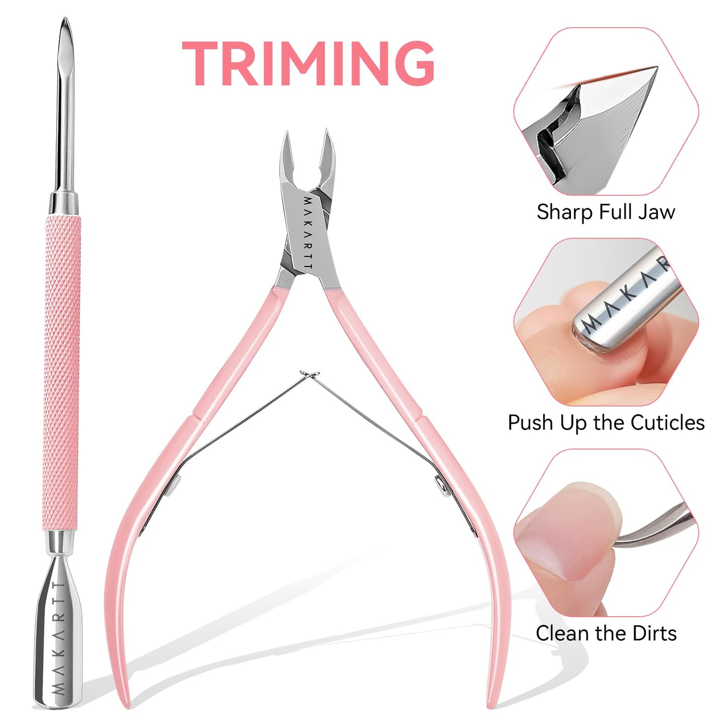Makartt Cuticle Trimmer with Cuticle Pusher, Silver Nail Trimmer Nail Care Manicure and Pedicure Kit with Stainless Steel Cuticle Nipper and Dual End Nail Pushers for Home Salon Use (Pack of 3 PCS)