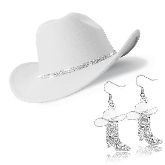Aswitnove Cowboy Hat Rhinestone Cowgirl Boots Earrings Set Western Earrings Felt Fedora Jazz Hat Rodeo Outfit for Women Boots White