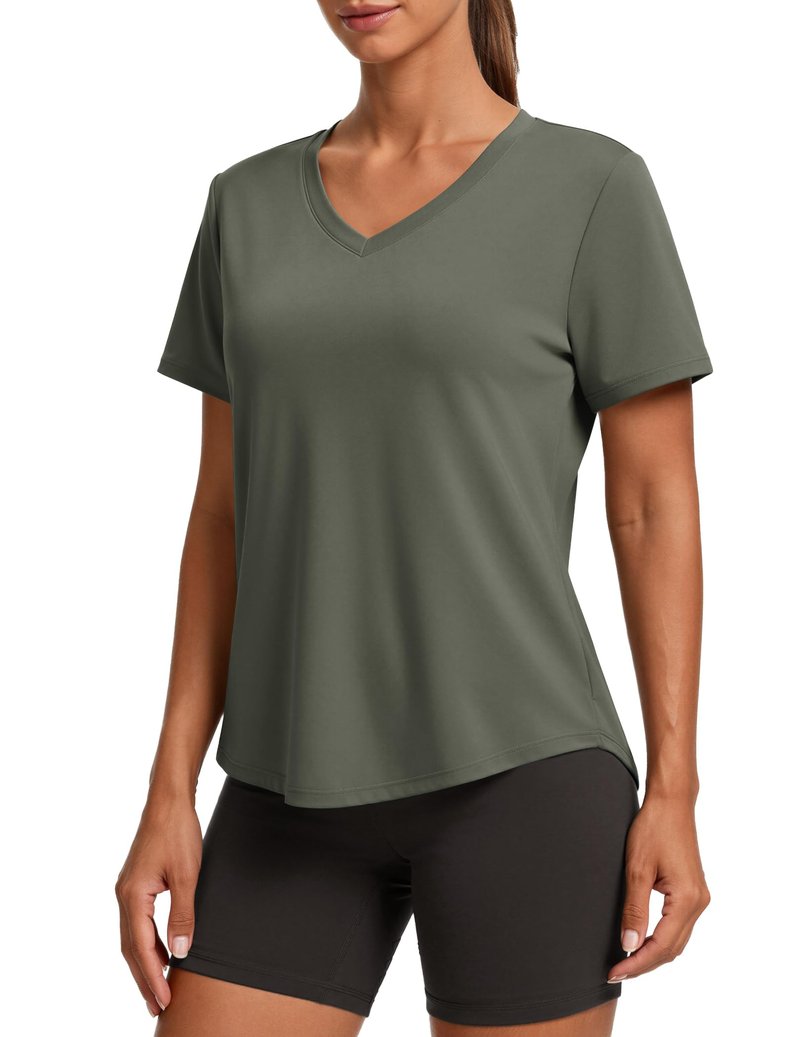 PINSPARK Breathable T-Shirts for Women Short Sleeve V Neck Moisture Wicking Workout Tops Quick Dry Lightweight Athletic Gym Shirts,Olive Green Medium