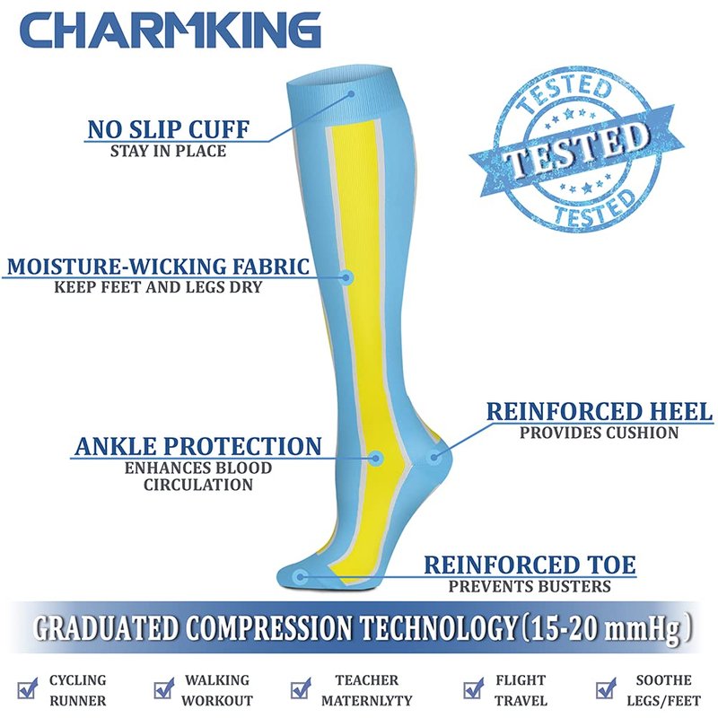 CHARMKING Compression Socks for Women & Men (8 Pairs) 15-20 mmHg Graduated Copper Support Calf Socks are Best for Pregnant, Nurses - Boost Performance, Circulation, Knee High Wide Calf(S/M, Multi 13)