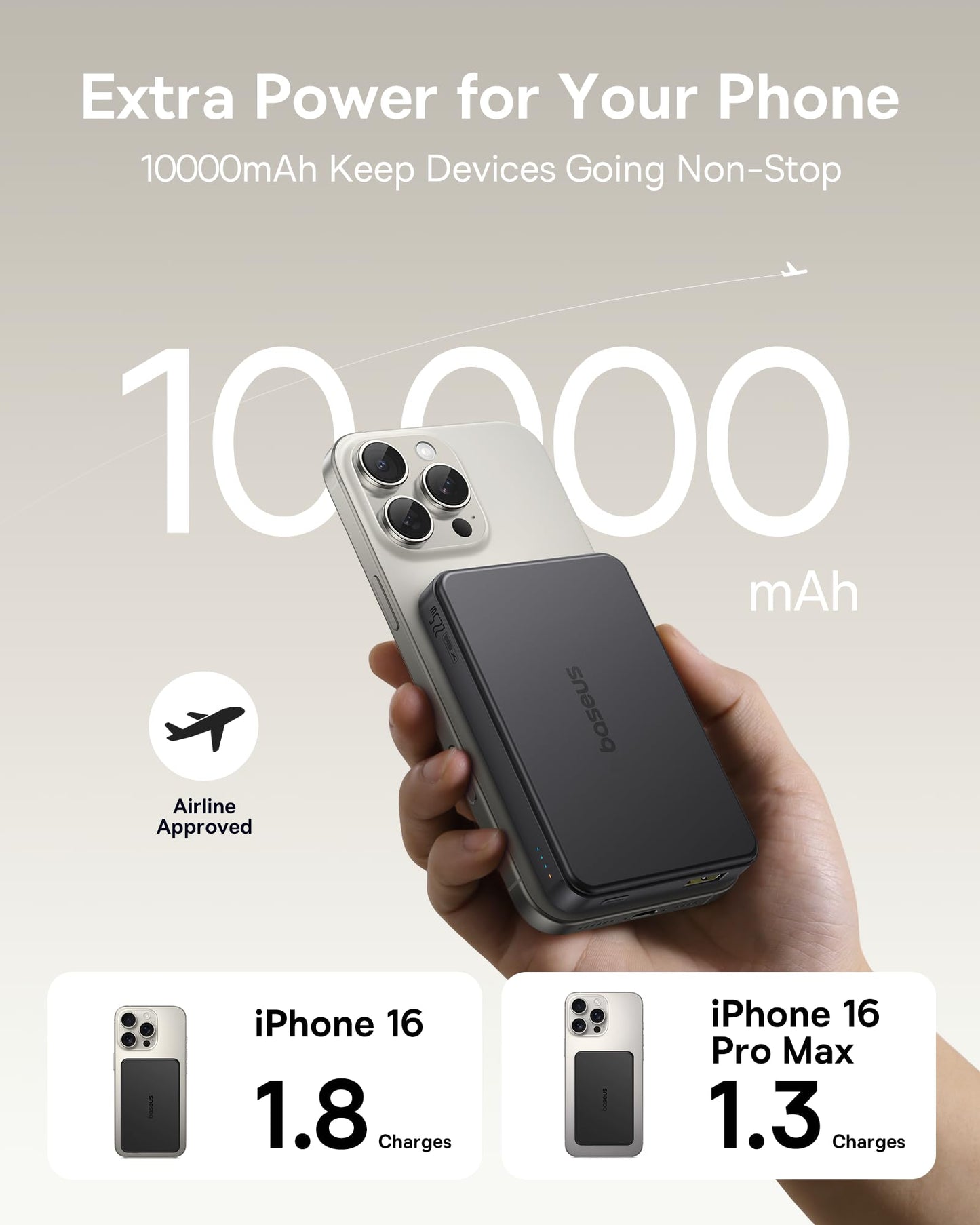 Baseus Magsafe Portable Charger for iPhone, 10,000mAh 15W Magnetic Power Bank, Qi2 Certified Fast Charging Wireless Battery Pack, 22.5W USB-A & 20W USB-C for iPhone 17/16/15/14/13/12, 2025 Version
