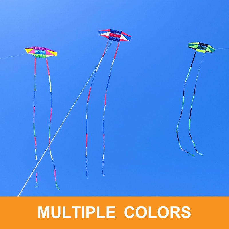 Beach Kites for Adults Large with Long Tail, 98 inches Super Easy Flyer 3D Rainbow Box Kites, Come with 49 Feet Multi Colors Tails x 2, 300 ft Kite String & Handle (Red, White & Blue)