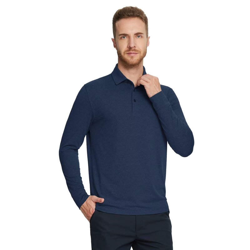 M MAELREG Long Sleeve Polo Shirts for Men Quick Dry Performance Soft Casual Collared Golf Shirt for Men Cobalt Heather