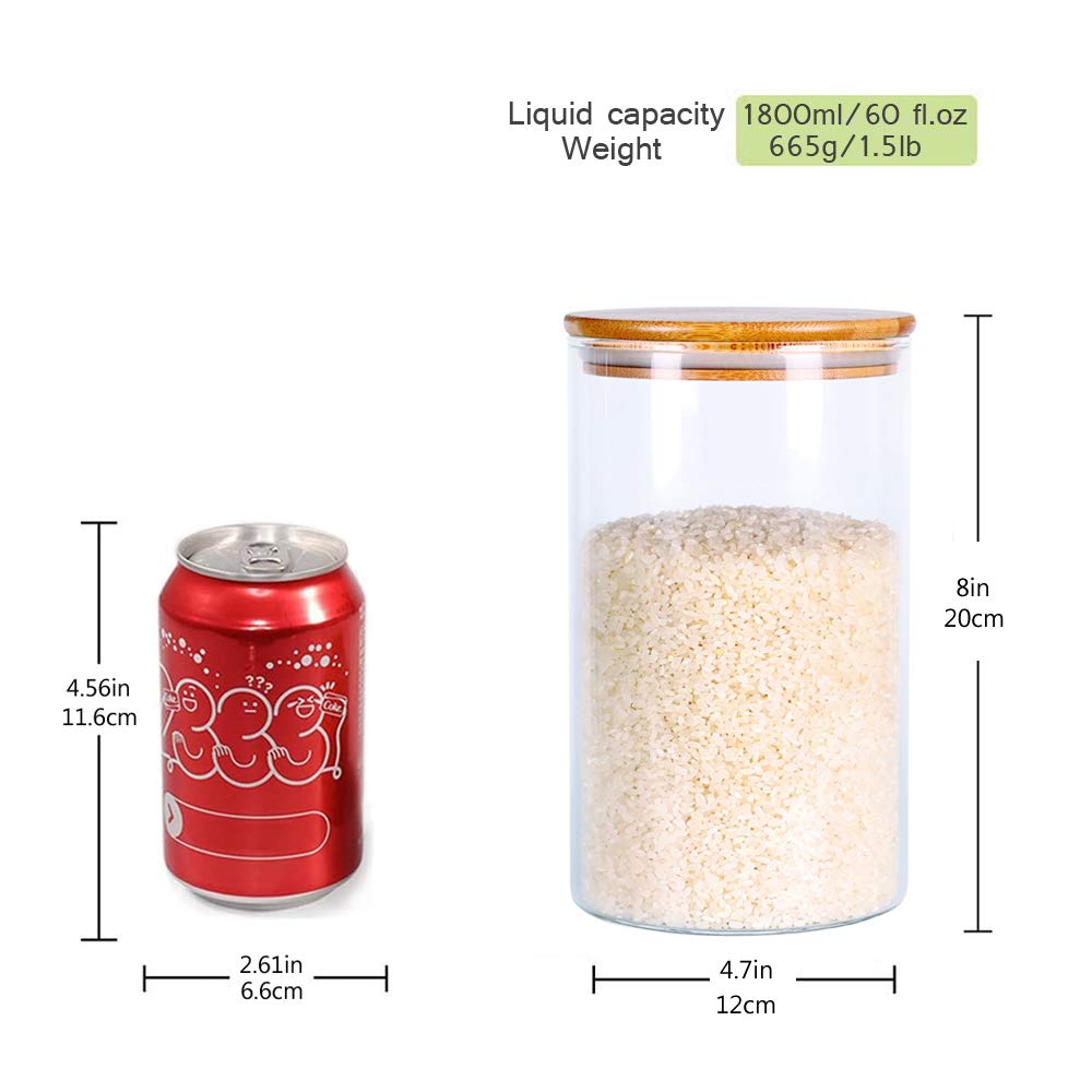 Glass Rice Storage Containers, 60 FL OZ (1800ml) Kitchen Food Jars with Airtight Lid, Stackable Clear Pantry Canister for Coffee Bean, Pet Treat, Flour, Loose Tea and More