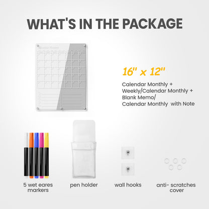 IDEATECH Acrylic Magnetic Fridge Calendar Planner 2025, Clear Dry Erase Board for Refrigerator, 2in1 Vertical Monthly & Weekly Planner to Do Grocery List Board,Family Calendar WhiteBoard Magnet(White)