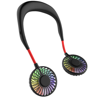 Portable Neck Fan, Handsfree Mini USB Neck Fan Rechargeable Wearable Neckband Fan, Desk Fan, Necklace Fan with Dual Wind Head 3 Speeds LED Light for Traveling Sport Outdoor Camping Office (Black)