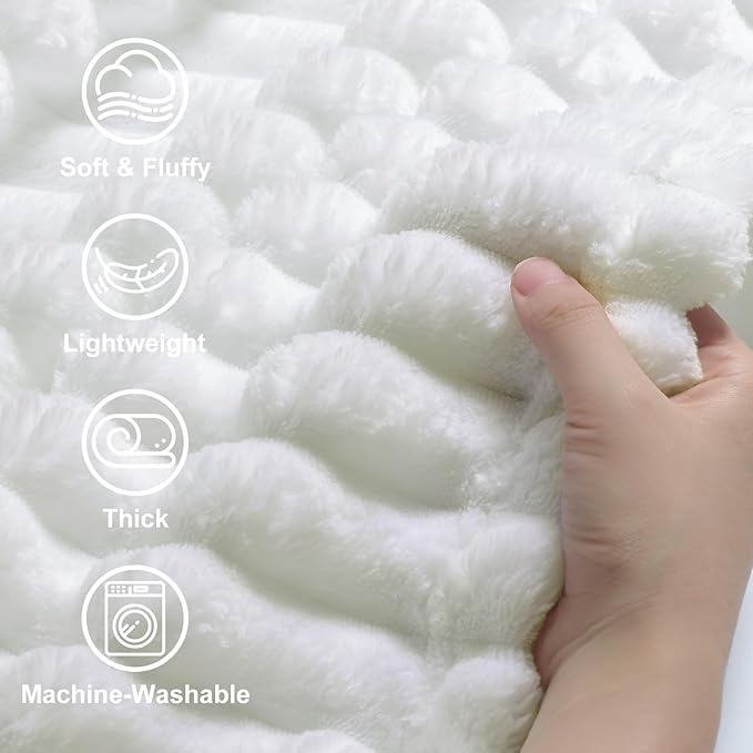 decorUhome Soft Fleece White Throw Blanket for Couch, Cozy Fluffy Plush Flannel Striped Blanket for Sofa Bed, Lightweight Decorative Ribbed Fuzzy Blanket for Woman, 50x60 Inches