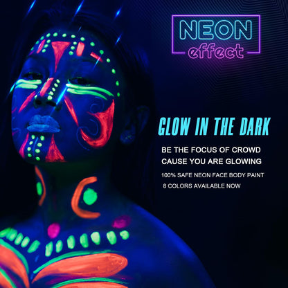 Bowitzki UV Neon Face and Body Paint 8 x 30ml /1 oz Liquid Large Kit Black Light Glow in the Dark Makeup Set Fluorescent Painting for Adults Kids Music Festivals Party Halloween Christmas