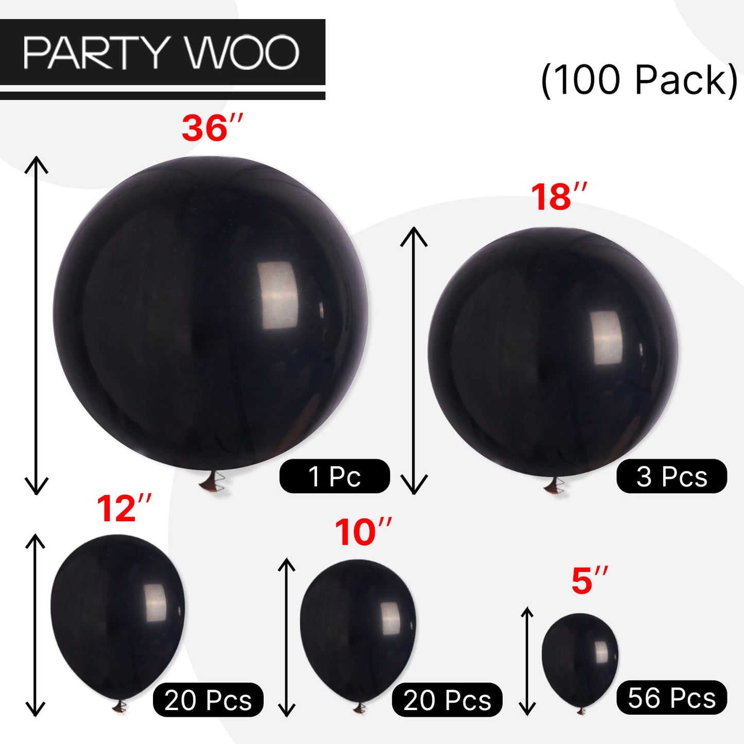 PartyWoo Black Balloons, 100 pcs Matte Black Different Sizes Pack of 36 Inch 18 Inch 12 Inch 10 Inch 5 Inch Black for Balloon Garland or Balloon Arch as Party Decorations, Black-Y18