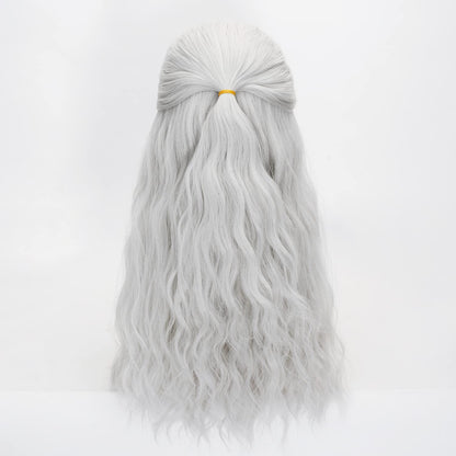 FALAMKA Silver Wig Men'S Long Wavy Cosplay Wig +Wolf Pendant Adult Costume Halloween With Necklace