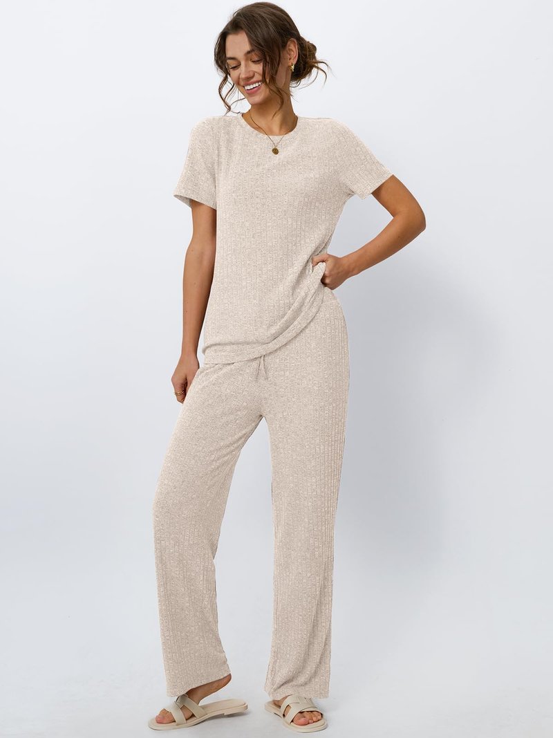 LILLUSORY 2 Piece Lounge Sets for Women Matching Summer Travel Outfits Spring Capsule Wardrobe Cruise Sets Cute Casual Pajamas Maternity 2026 Airport Clothes Apricot M