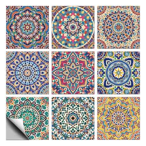 CHGCRAFT 36 Pcs 9 Style Tile Stickers Colorful Moroccan Style Peel and Stick Wall Tile Stickers Mandala Waterproof Self Adhesive Stick on Tiles Decals for Kitchen Bathroom Wall Art Decor, 4¡¿4 Inch