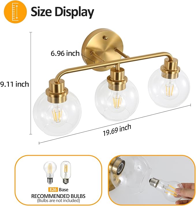 Bathroom Light Fixtures Gold Vanity Light 3 Light Wall Sconces Lighting Brushed Brass Lights with Clear Globe Glass Shades Bath Wall Lamp for Mirror Kitchen Living Room Bedroom Hallway