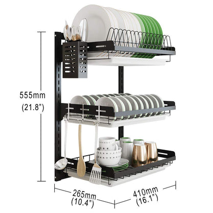 junyuan Hanging Dish Drying Rack Wall Mount,Dish Racks Drainer,3 Tier Kitchen Plate Organizer Storage Shelf with Drain Tray with 3 Hooks,Stainless Steel Black Coating (3 Tier, 21.8)