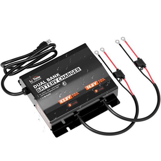 LiTime 2-Bank(43.8V 10A & 14.6V 10A) Lithium Battery Charger for 36V(38.4V)/12V(12.8V) LiFePO4 Battery, AC-DC Smart Charger with IP65 Waterproof, LED Indicator for Boat, Golf Cart, RV and Home