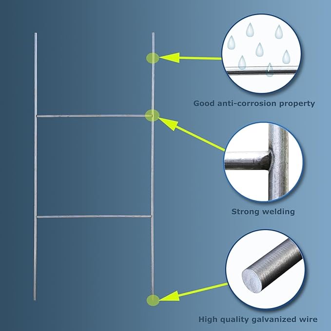 50 Pack H Frame Wire Stakes 20"x10", Metal Yard Sign Stakes for 4mm,5mm and 6mm Corrugated Plastic Yard Signs