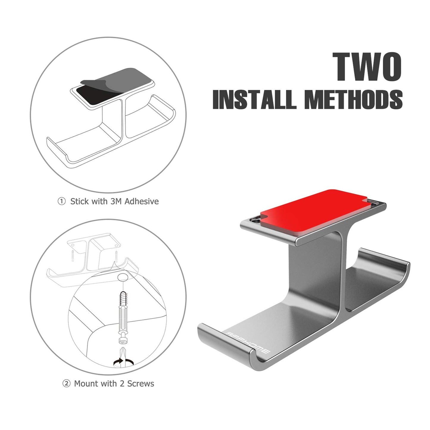 APPHOME Headphone Hanger Stand Under Desk Hook Aluminum Stick-On Adhesive Dual Headsets Holder Mount PC Gaming Accessories for All Headphones