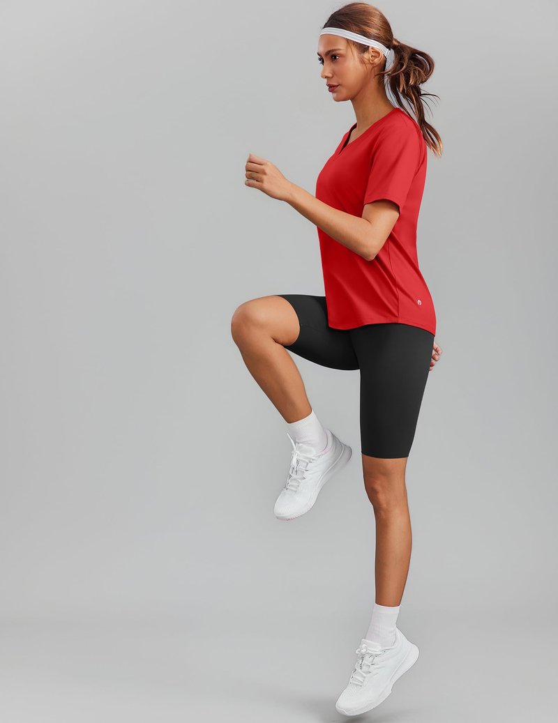PINSPARK Gym Shirts for Women Short Sleeve V Neck Workout Tops Moisture Wicking Athletic T-Shirts Quick Dry Fitness Exercise,Red X-Large